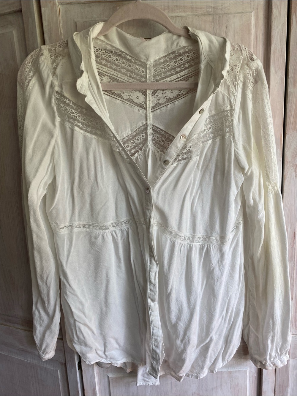 Free People Ivory Lace-Trim Button Front Blouse